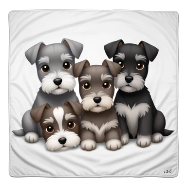 Three mini schnauzer dogs laying, cuddling on a blanket sticker