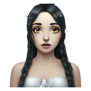 Crying eyes water woman tearing eyes pale skin black hair on the floor magical woman with angel wings  sticker