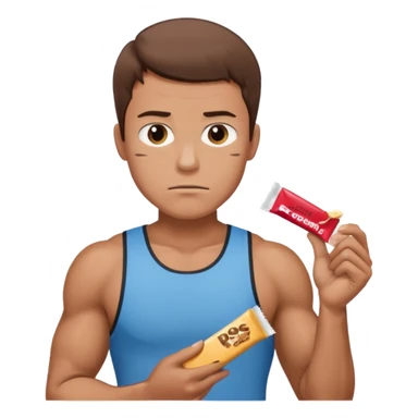 A male athlete holding a protein bar and frowning sticker