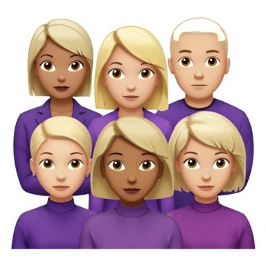 5 person team; 2 men and 3 women.  All dressed in yellow or purple.  1 caucasian woman with blonde mid length hair. 1 caucasian woman with blonde short length hair. 1 caucasian woman has ash blonde hair tied up. 1 man is African-american and bald, 1 man is caucasian and very little hair left.  
 sticker