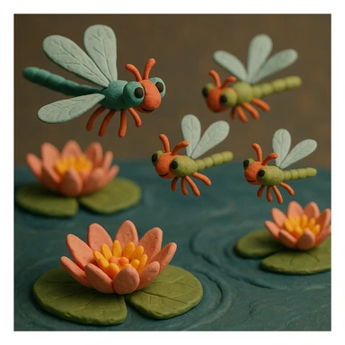 claymation style dragonfly family flying in a circle above water lilies, colorful and whimsical, soft lighting sticker