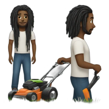 Black man with dreads with a lawn mower sticker