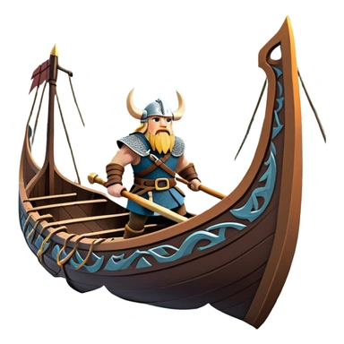 clash-of-clans-aesthetic_-cinematic-viking-longboat, rendered in a flat, bold vector style with minimal shading, featuring a striking dragon-headed prow slicing through icy, churning waters. shields on the side and vikings rowing The longboat’s intricately detailed shields and carved motifs evoke a sense of epic adventure and Nordic might, with billowing sails catching a dramatic, stormy sky backdrop. sticker