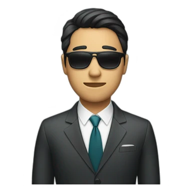 A person wearing a mask, sunglasses, and a suit with straight eyebrows sticker