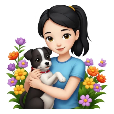A beautiful girl with black ponytail and wearing short sleeves happily hugs a dog in the flowers sticker