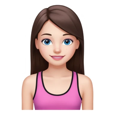 Create a teenage girl with long and straight brunette hair, light skin, light freckles, and blue-grey eyes. She will have pink lips and long black eyelashes. She will be wearing a pink tank top. sticker