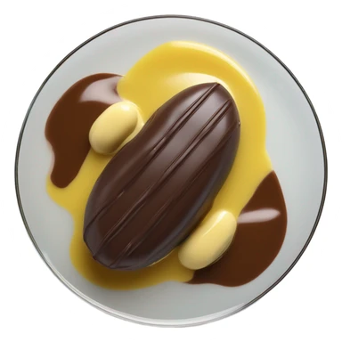Chocolate and vanilla quenelle on glass plate with 3 drops of yellow sauce sticker