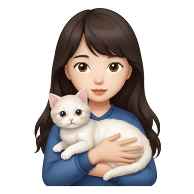 Asain girl with long wavy dark brown hair and bangs carrying a white kitten  sticker