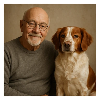 bald old man with round glasses and a grey goatee, sitting beside a Brittany Spaniel, both looking content sticker