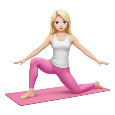 A cinematically realistic blonde with long hair and blue eyes, dressed in a white top and pink leggings, performs a sports exercise on a mat sticker