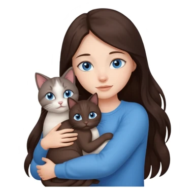 a pretty girl with long dark 
brown hair, with blue eyes, hugs 3 different natural coloured small cats sticker