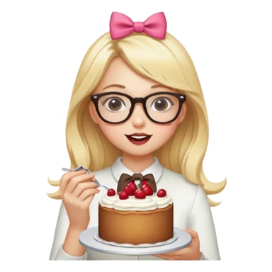 Blonde girl with glasses and a bow is eating a cake sticker