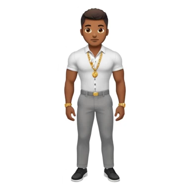 Handsome Black guy with brown skin tone, with lean muscular build, wearing gray slacks, a white button up top, black shoes, and a small gold chain sticker