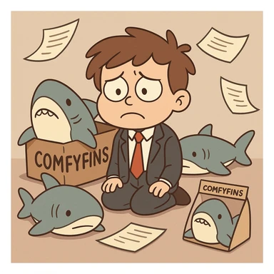 business kid, surrounded by ComfyFins products, looking sad as papers fly around, cartoon style sticker