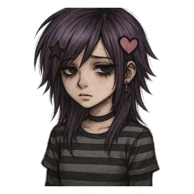 purple-haired emo girl, striped shirt, layered haircut, heart and star accessories, melancholic vibe sticker