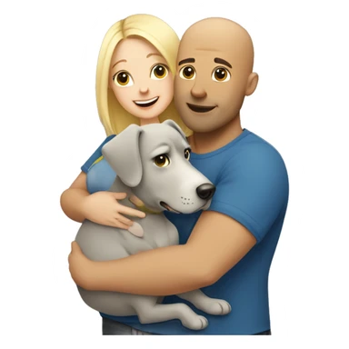 A bald, pumped-up man hugs a blonde pregnant girl and a gray dog sticker