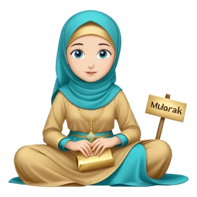 Turkish beautiful finish Konya girl blue eyes with gold hijab and islamic long tailed turquoise dress on the floor and had on her hand text Eid Mubarak  sticker