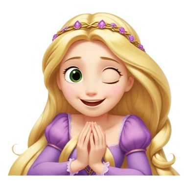 Cinematic Playful Rapunzel Portrait Emoji, Giggling as Pascal sits atop her head, hands cupped over her mouth in a moment of pure joy, her radiance shining through, utterly enchanting! sticker