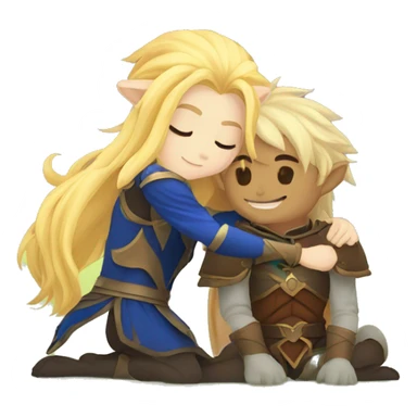 A lion paladin and a blonde elf mage hugging sticker