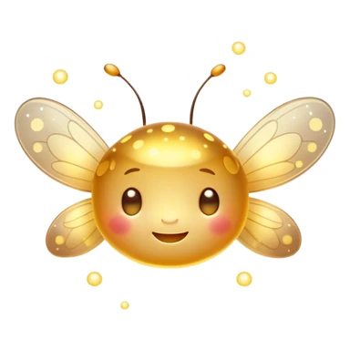 Cinematic tiny glowing firefly, round and chubby, soft golden light, tiny happy face, gentle floating motion, surrounded by dreamy sparkling dots. sticker