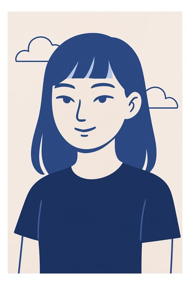 a girl with narrow Asian blue eyes, brown hair, and a small bang below her shoulders, wearing a black T-shirt, clean modern illustration style sticker