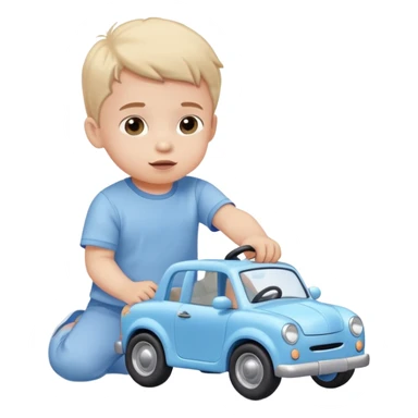 cute toddler boy with pastel blue clothes playing with a blue toy car sticker