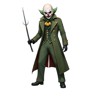 evil clown, bald, small black horns on forehead, fangs, pointed ears, eye patch over one eye, long coat over black and military green leisure suit with bellbottom pants, tail, holding a whip, no knife, realistically proportioned, less bulky, full body, battle-ready, fighting posture sticker