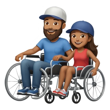 Tan skinned man with a beard and fitted cap in a wheelchair and a brown skinned woman with long dark hair in a wheelchair laughing  sticker