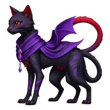 Kawaii feral, four-legged gothic dark badass black, red, purple, beautiful pretty elegant divine edgy feline-vernid-sergal-fursona-animal-creature, full body, with intricate detailed markings, silken shawl sticker