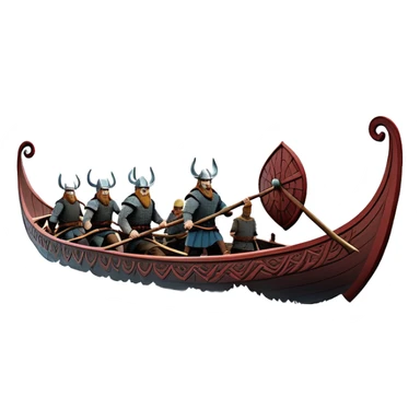 clash-of-clans-aesthetic_-cinematic-viking-longboat, rendered in a flat, bold vector style with minimal shading, featuring a striking dragon-headed prow slicing through icy, churning waters. shields on the side and vikings rowing The longboat’s intricately detailed shields and carved motifs evoke a sense of epic adventure and Nordic might, with billowing sails catching a dramatic, stormy sky backdrop. sticker
