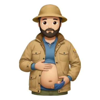 Bearded man rubbing pregnant belly poking out of shirt wearing a tan canvas carhartt jacket with  chinese hat on sticker