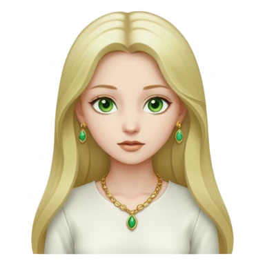 girl with very pale skin, green eyes, long dark blonde hair, white outfit, gold jewelry sticker