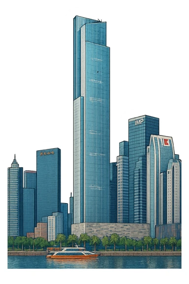 Изометричная, яркая, детализированная, объемная и фотореалистичная иллюстрация башни Guangzhou CTF Finance Centre. В стиле 3D-коллажей городов, насыщенные цвета, аккуратные и чёткие линии, мультяшно-реалистичная стилистика. Чёткие контуры, не размазанные линии, высокое качество, прозрачный фон, не обрезать края картинки sticker