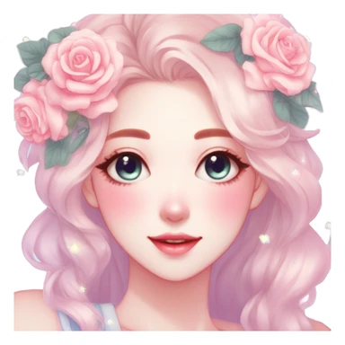 Gorgeous pastel anime style lady with blushing face and roses cottagecore fairycore pastelcore shiny colorful pearly aesthetic trending style sticker