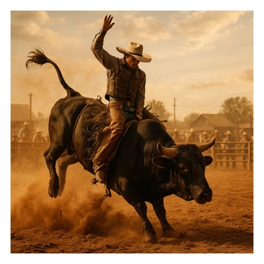rodeo scene with cowboy riding a bucking bull, energetic, dust flying, western theme sticker