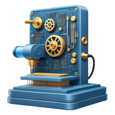 An icon featuring a giant machine soldering a huge microchip, symbolizing engineering. The design includes mechanical gears, circuit boards, and a blueprint, representing the precision and innovation in designing and building technology. Transparent background highlights the art of engineering sticker