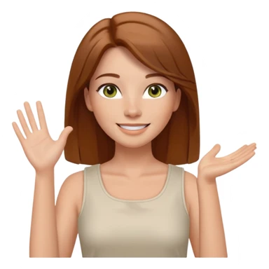 emoji of a confident woman named Freya McOmish, smiling, hazel green eyes, long straight hair with a middle part, subtle freckles, modern casual style, broad shoulders, wearing a white sleeveless deep square neck top, waving sticker