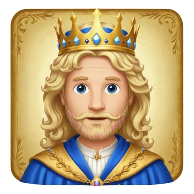 1 Middle-aged white king, 40 years old, blond hair, blond beard, long curly hair, blue eyes, kind and benevolent vibe, gentle smile, wearing a crown and blue robe emoji sticker