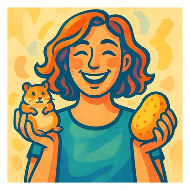 a woman smiling, holding a hamster and a potato, stylized sticker