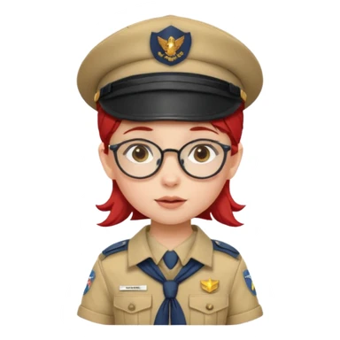 scout girl baby with uniform including the hat,  little with glassess and red hair sticker