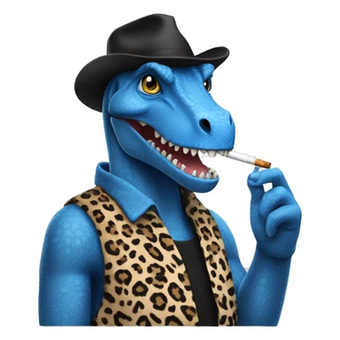 A blue dinosaur, a square hairstyle, smokes a cigarette in a leopard hat sticker