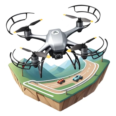 An icon showing a racing quadcopter drone in the foreground, flying at high speed through a course filled with obstacles and checkpoints. Other drones zoom in the background over a dynamic landscape. Transparent background highlights the thrill and precision of drone racing. sticker