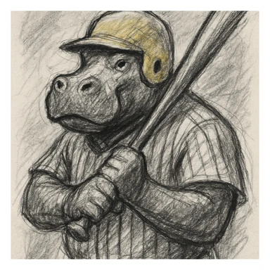 hippo holding a baseball bat, wearing a yellow helmet, pinstripes outfit sticker