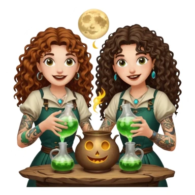forest alchemist duo two women curly long hair tattooed and short brown mullet mixing glowing moon potion together excited faces sticker