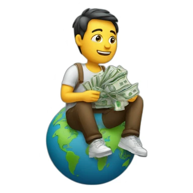 man sitting on globe with money bag sticker
