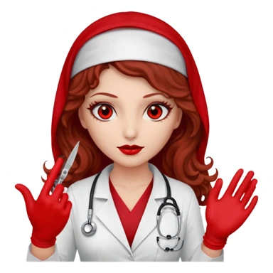 Lilith scalpel in hand, evil surgeon sexy surgeon clothes.  She has red eyes. She brown long curly hair. Wears sexy doctor outfit with red gloves. Wears red burka to hide her identity sticker