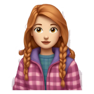 a girl with light reddish brown hair and blue eyes lies under a winter pink plaid sticker