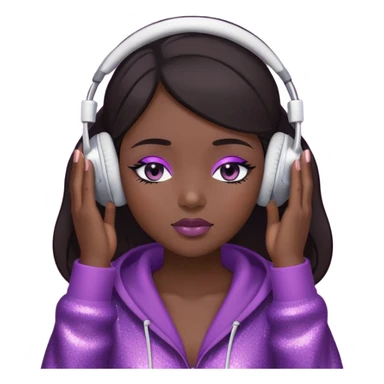 Girl with dark hair, wearing a cover up, has glitter on her eyelids, and wearing mauve lipstick, wearing headphones, her hands are on her ears, and her eyes are close sticker