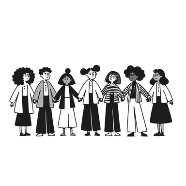 Hand-drawn illustration of people of different skin colors and ethnicities holding hands in a line, symbolizing integration and unity sticker