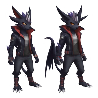 Cool Anthro Black Noivern-Absol-Litten-Pokémon with edgy stripes hoodie spiked collar punk Full Body sticker